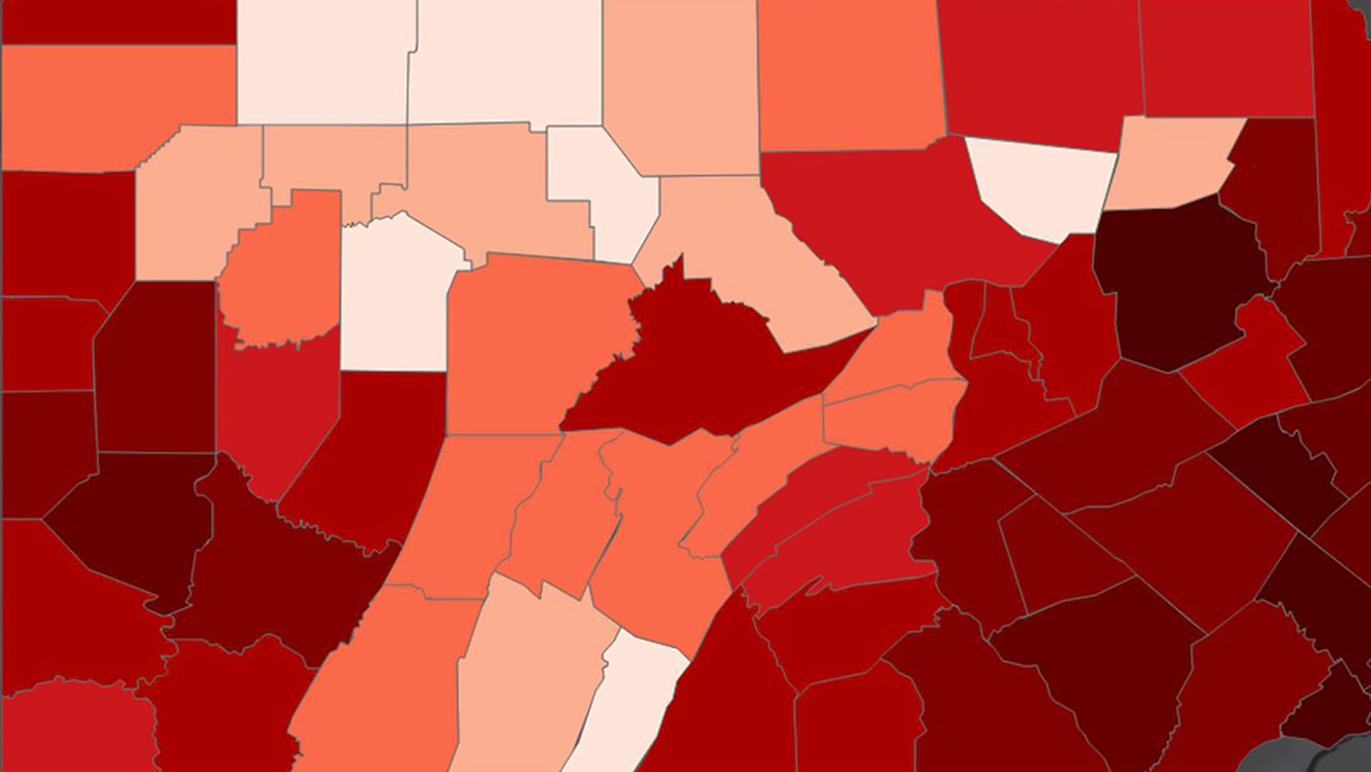 A map showing covid-19 infection rate in Pennsylvania