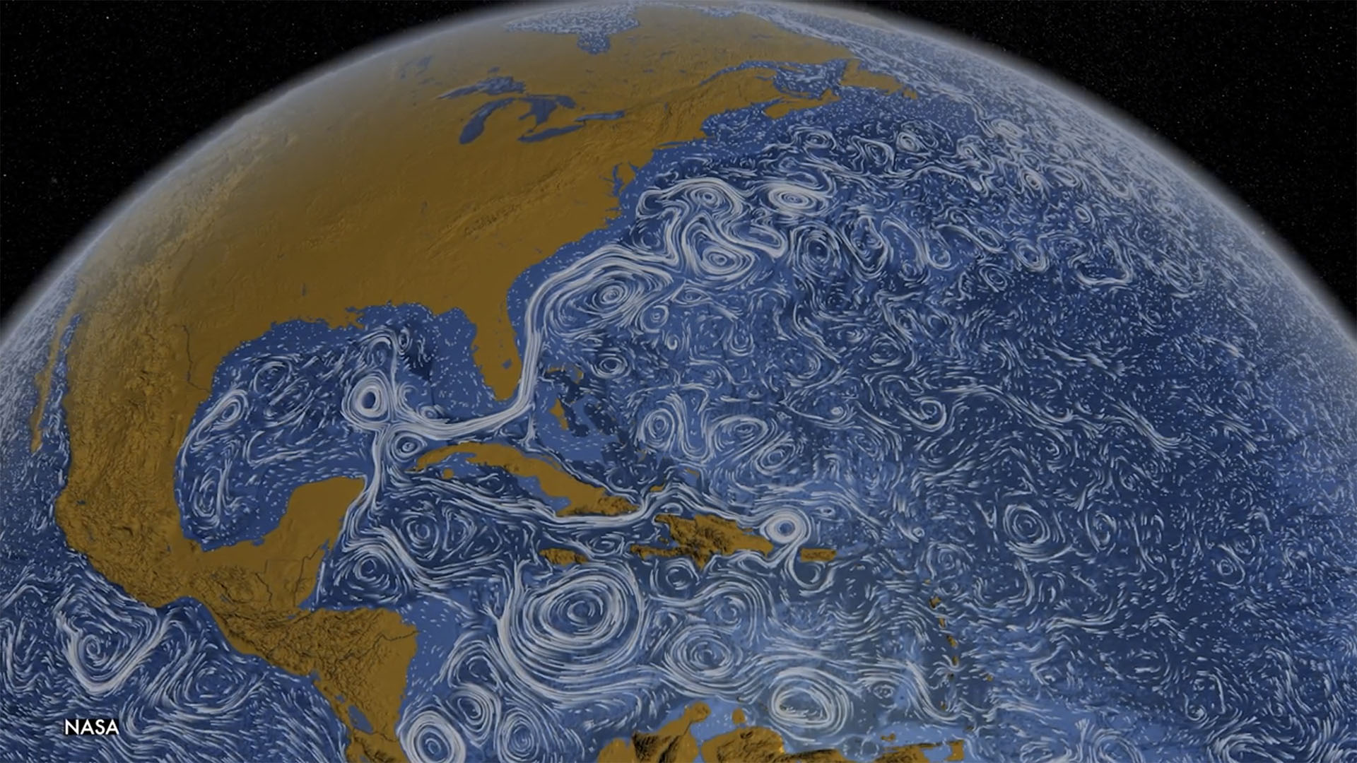 A image of the earth an ocean showing the study of Eddies in the ocean from NASA.